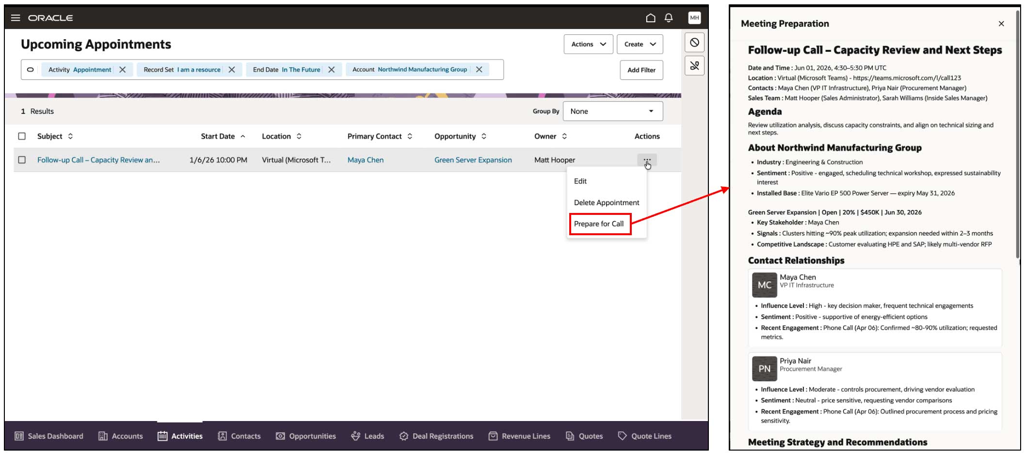 AI-generated pre-meeting brief in Oracle Fusion Sales
