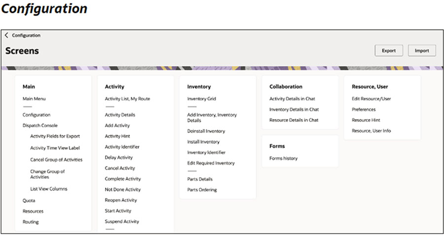 Oracle Fusion Field Service Screen - Configuration