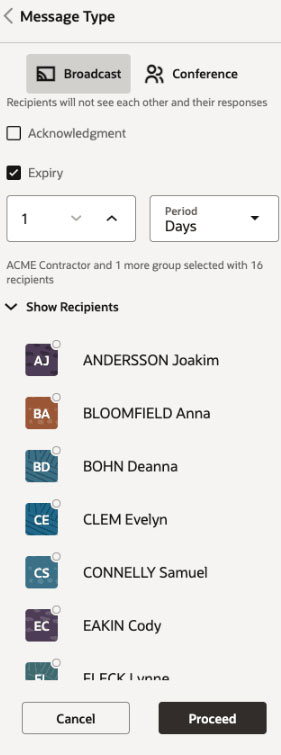 Oracle Fusion Field Service Screen - Messages