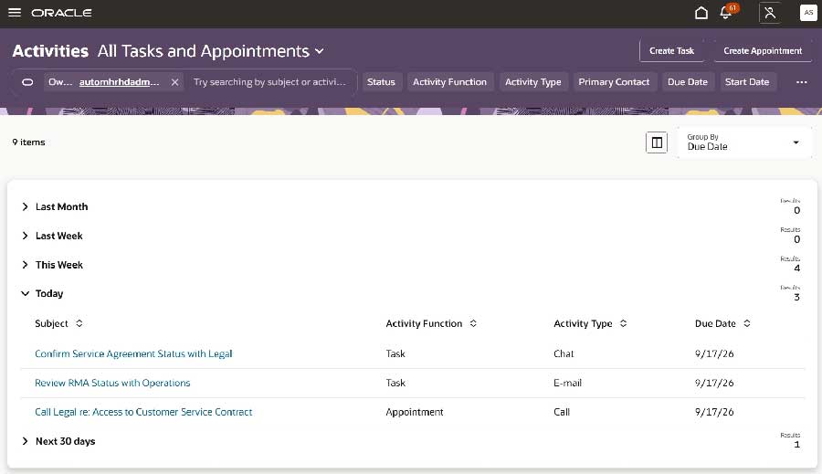 SR activities list page for Fusion Service